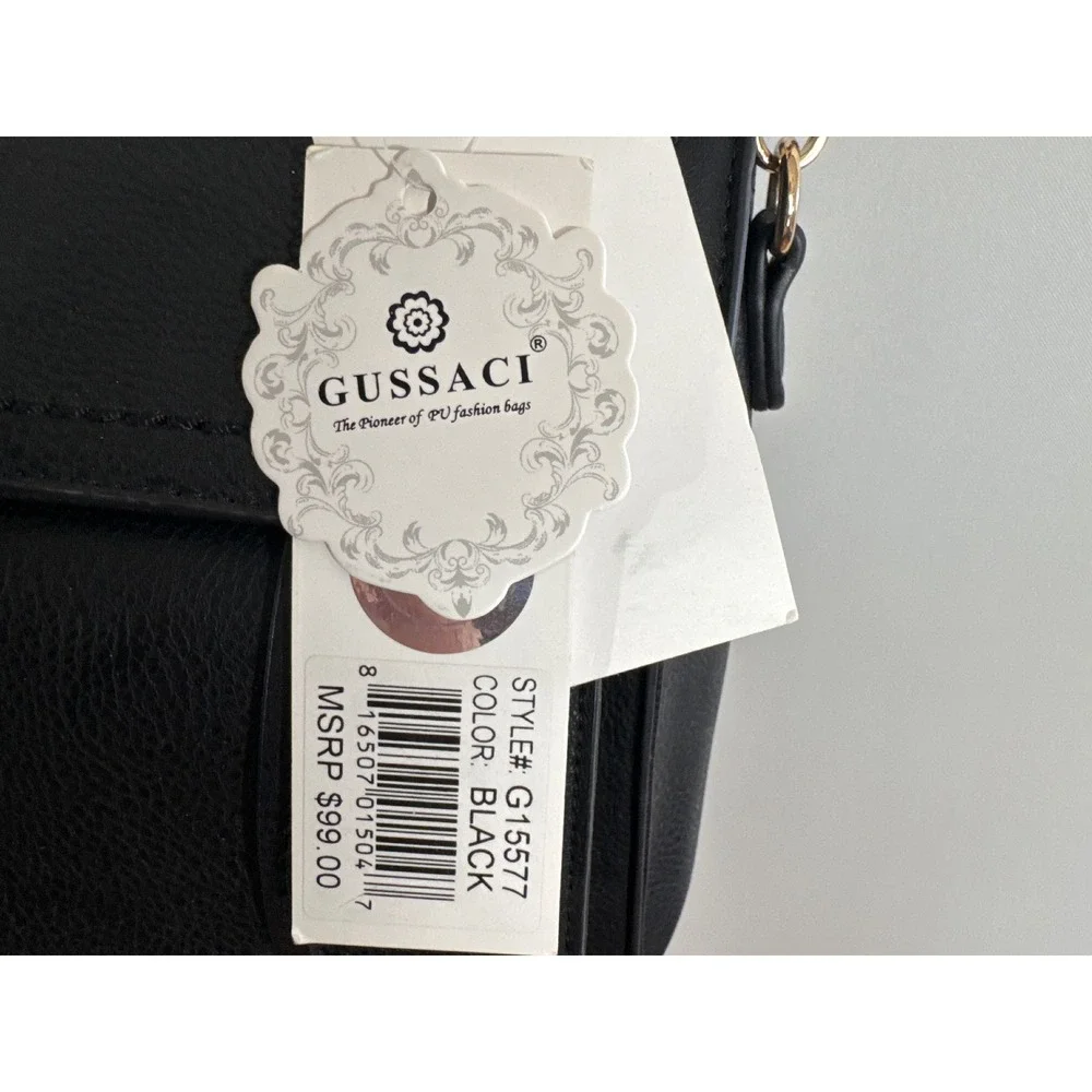 Gussaci Black Vegan Leather Satchel Crossbody Bag Gold Hardware NEW Preppy